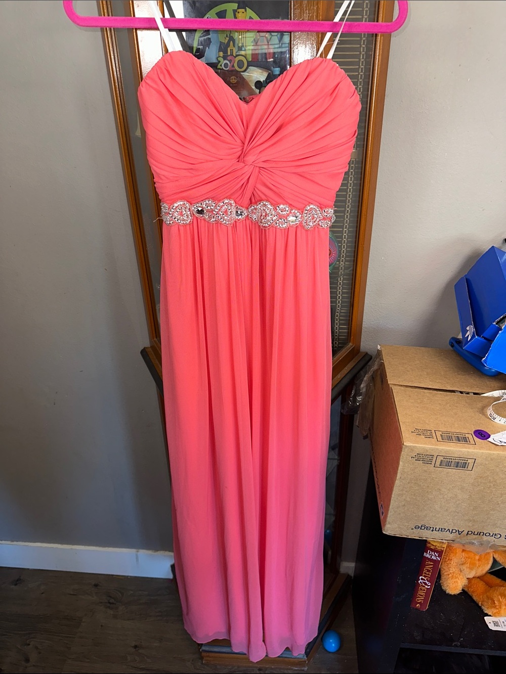 City Triangles Coral Pink Spaghetti Strap Prom Gown with Beaded Waist